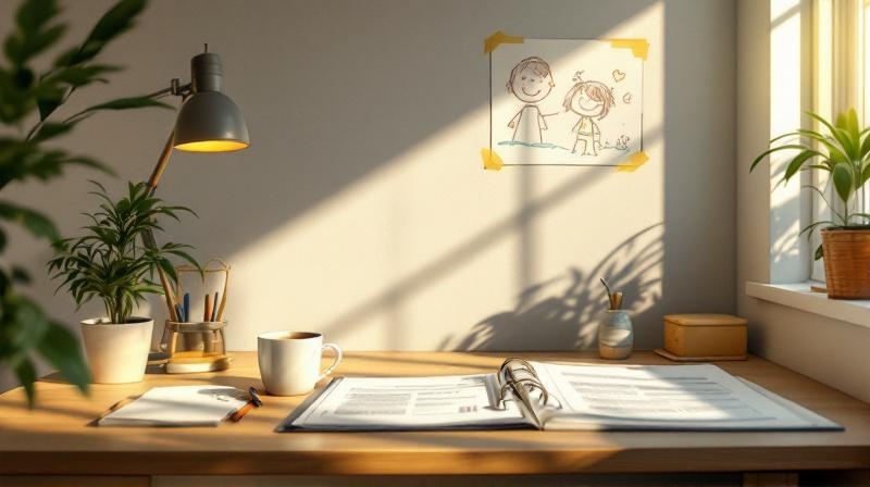 Schreibtisch mit Kinderzeichnung an der Wand und Ordner mit Antragsunterlagen, Tasse Kaffee daneben