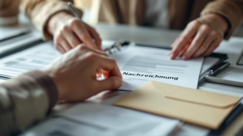 Person sortiert Dokumente in einem Aktenordner, Briefumschlag liegt daneben