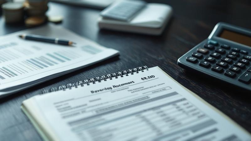 Sparbuch, Depotauszug und Taschenrechner auf dunklem Holzschreibtisch, Licht von oben links
