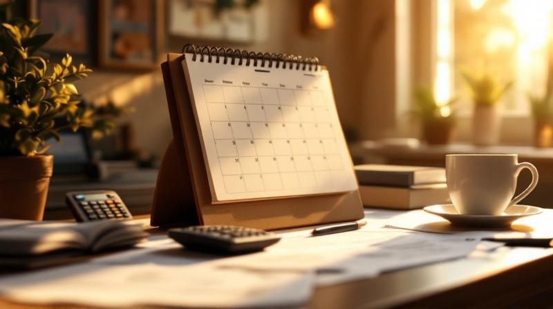 Kalender, Rechner und Unterlagen auf einem Schreibtisch am Morgen