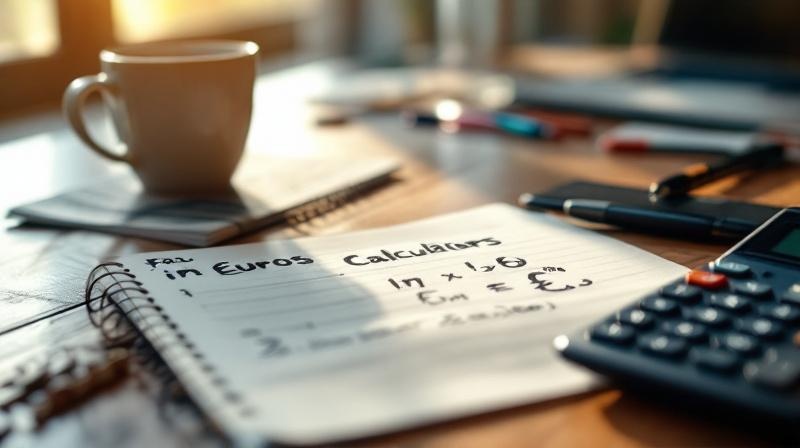Notizblock mit handschriftlicher Berechnung und Taschenrechner auf einem Holzschreibtisch im Morgenlicht