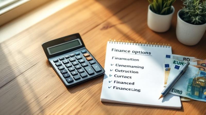 Taschenrechner und Euroscheine neben einem Notizblock mit verschiedenen Finanzierungsoptionen