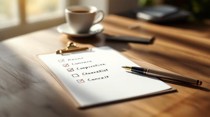 Checkliste auf einem Klemmbrett mit abgehakten Voraussetzungen, daneben ein Füller auf hellem Schreibtisch