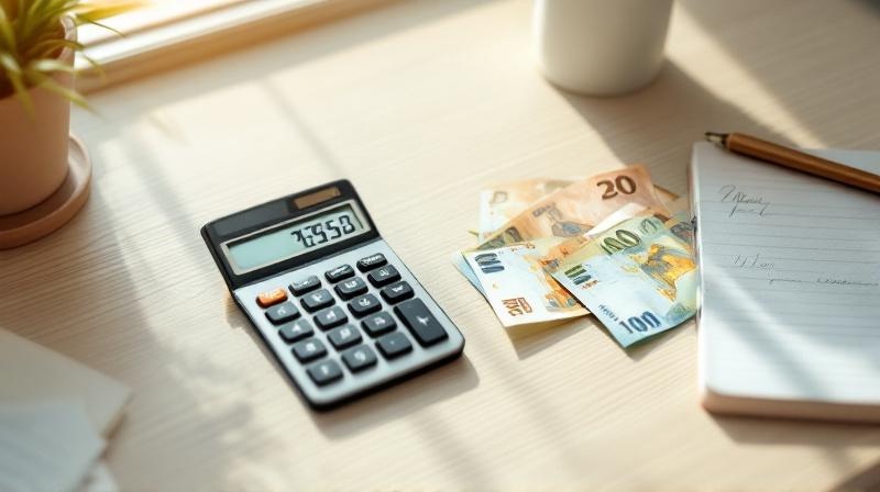 Taschenrechner mit einer Summe im Display, daneben liegen Euro-Scheine auf einem hellen Schreibtisch