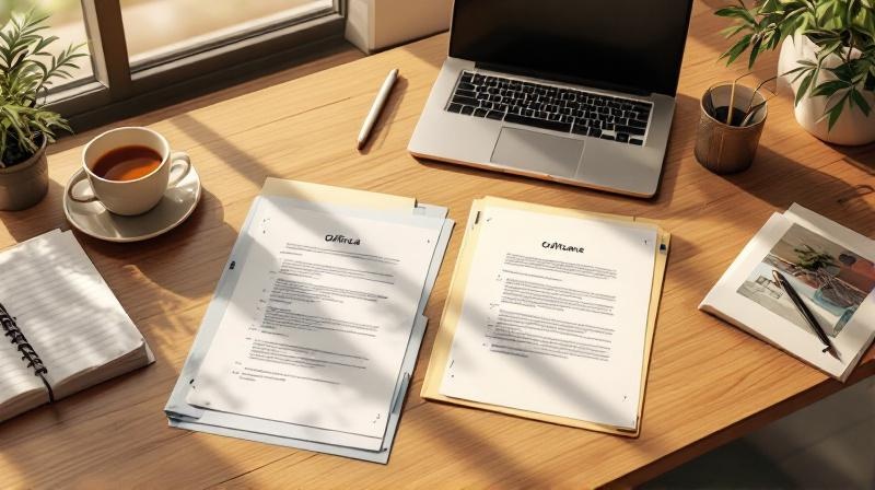 Stapel von Antragsunterlagen und Bescheiden auf einem Schreibtisch, Laptop daneben